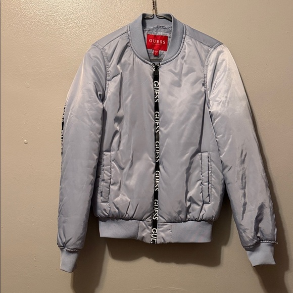 Guess Jackets & Blazers - Guess Silver Bomber Jacket with Logo Zipper